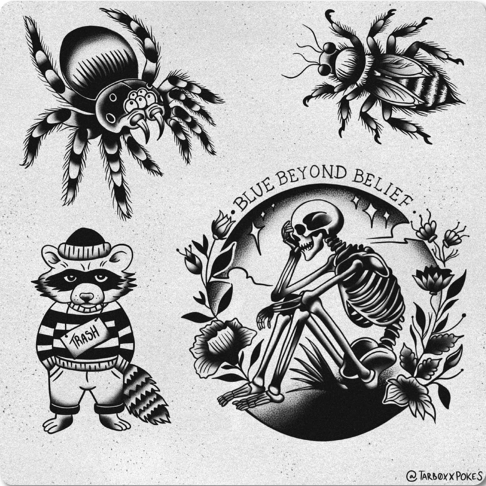Tattoo flash illustration of a raccoon and skeleton